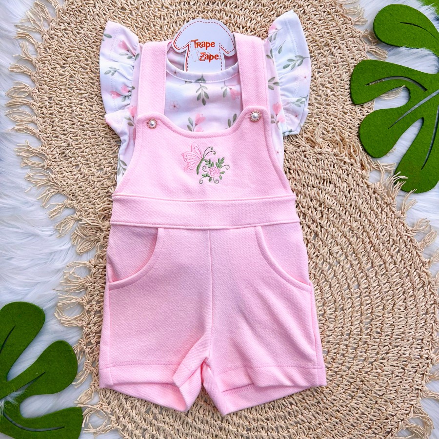  Conj. Blusa e Jardineira Borboleta Bordada - Rosa